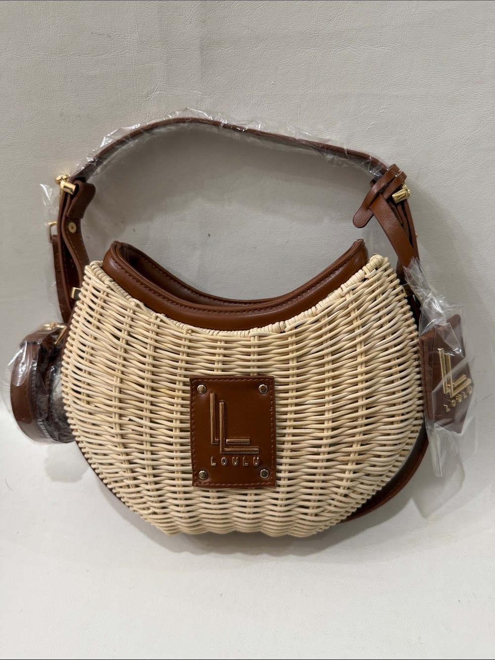 Loulou Woven Crescent Crossbody Bag in Natural & Brown